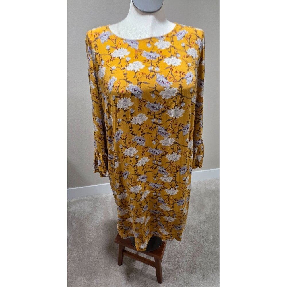 Yellow Floral Print Dress With 3/4 Ruffle Sleeves & Scoop Neckline